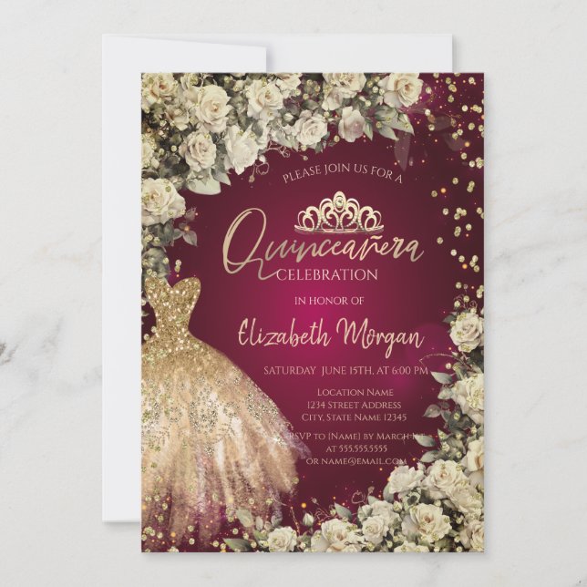 Goldkleid Tiara, Rose Burgund Quinceañera Einladung (Vorderseite)