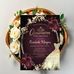 Goldkleidung Rahmen Burgundy Rose Quinceañera Einladung