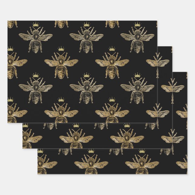 Goldköniginnen-Bienen auf Schwarz Geschenkpapier Set (Set)