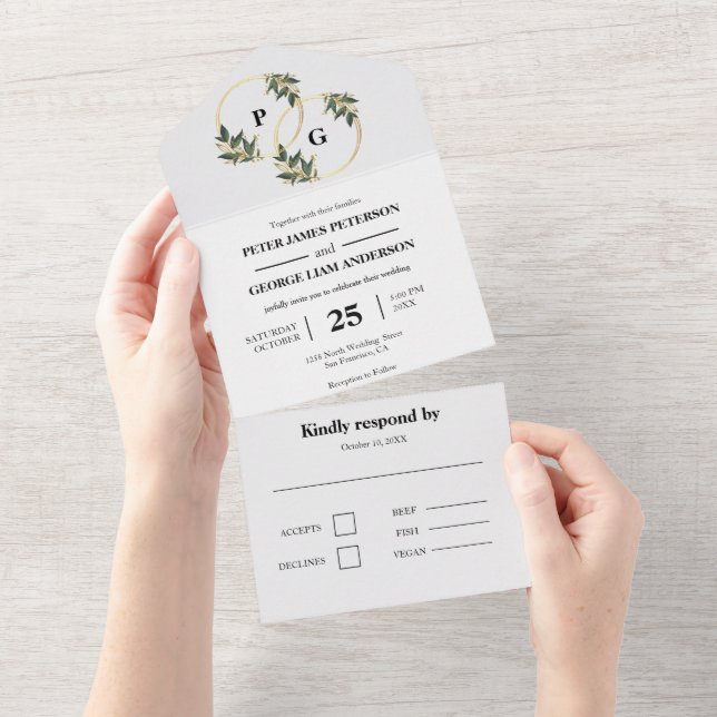 Goldkranz-Blätter in einer Hochzeitseinladung All In One Einladung (Abreißen)