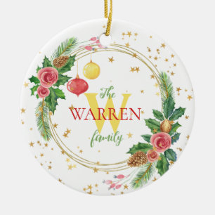 Goldkranz mit Holly, Pine und Vintagen Ornamenten Keramik Ornament