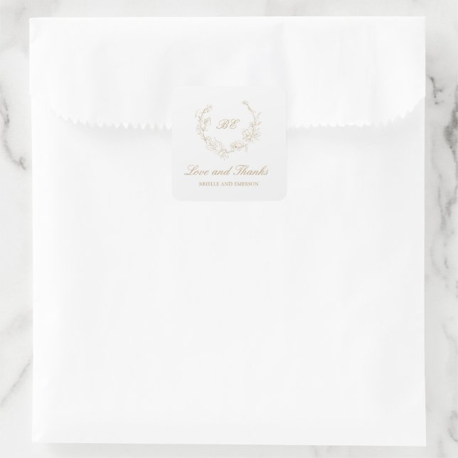 Goldkranz-Monogram-Elegante Hochzeit Quadratischer Aufkleber (Tasche)