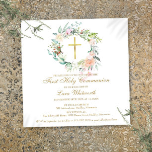 Goldkreuz-Aquarell-Blumen-Erstkommunion Einladung