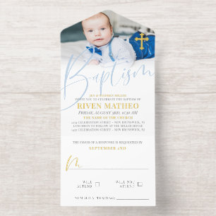 Goldkreuz Blassblau Schrift Foto Taufe Folie All-in-One-Einladung