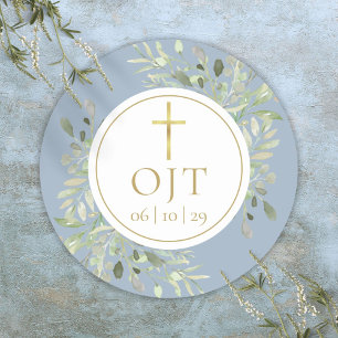 Goldkreuz-Monogramminitialen in Grün und Staubblau Runder Aufkleber