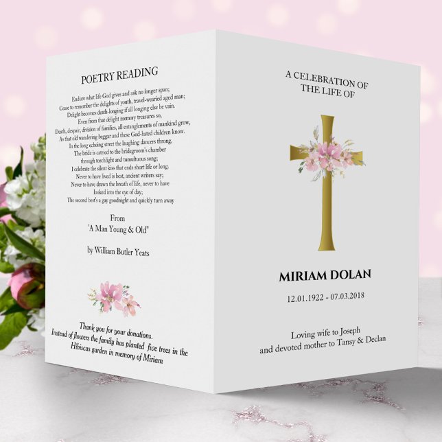 Goldkreuz, rosa Bouquet-Gedenkprogramm Flyer (Von Creator hochgeladen)