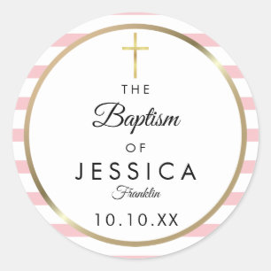 Goldkreuz rosa Streifen Taufe Runder Aufkleber
