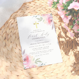 Goldkreuz und gestrichene Blume Erste Heilige Komm Einladung