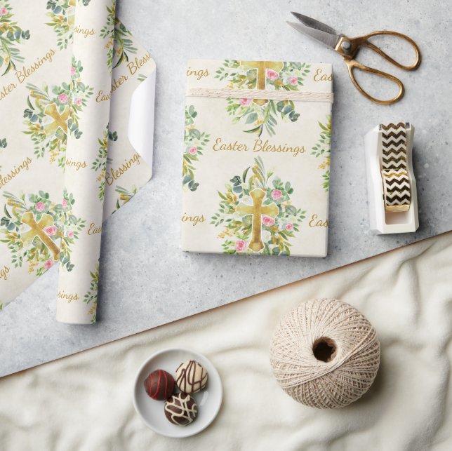 Goldkreuz und rosa Rosen - Gewohnter Ostern Geschenkpapier (Kunsthandwerk)