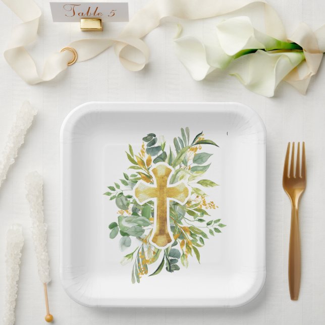 Goldkreuz Wasserfarben Taufe 1. Kommune Pappteller (Hochzeit)