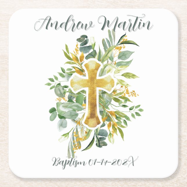 Goldkreuz Wasserfarben Taufe 1. Kommune Rechteckiger Pappuntersetzer (Vorderseite)