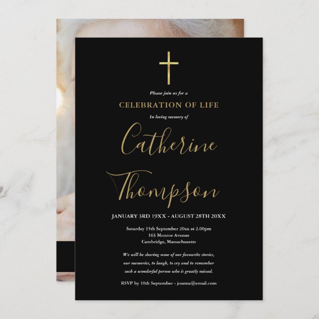 Goldkreuzbeerdigung zum Foto des Lebens Einladung (Vorne/Hinten)