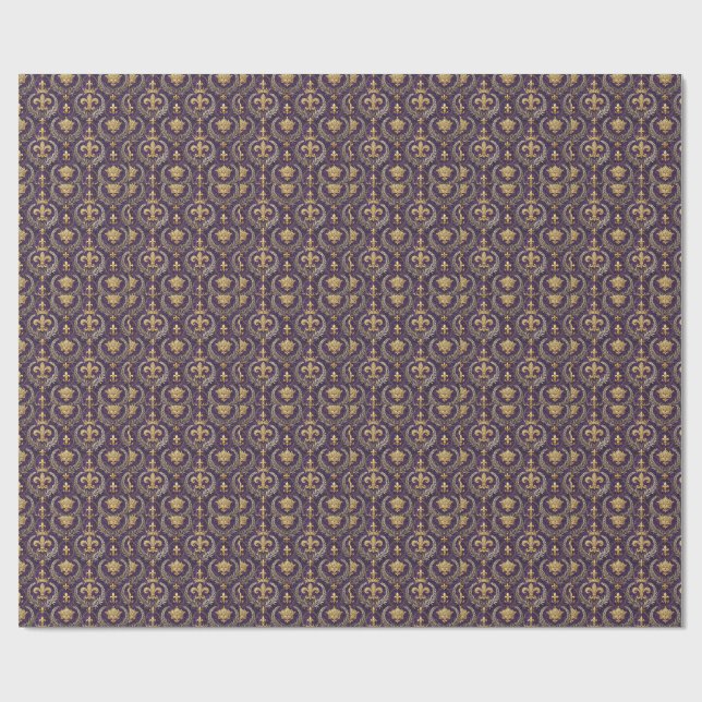 Goldkrone Fleur-de-lis königliches violettes Muste Geschenkpapier (Flach)