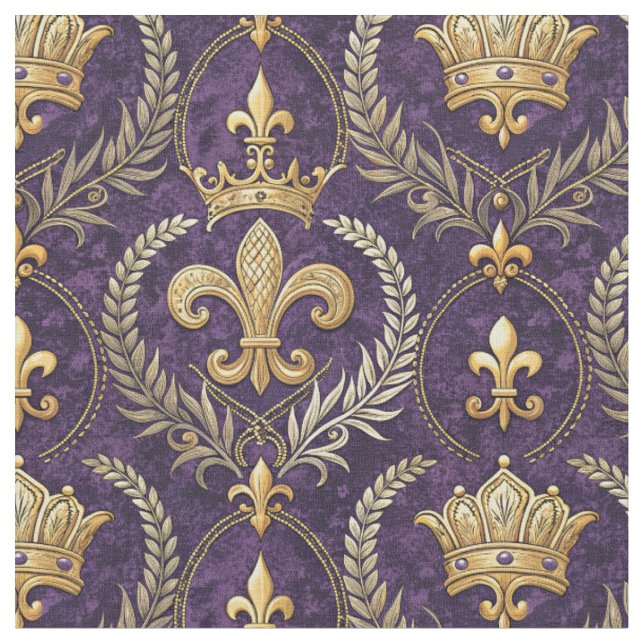 Goldkrone Fleur-de-lis königliches violettes Muste Stoff (Nahaufnahme)