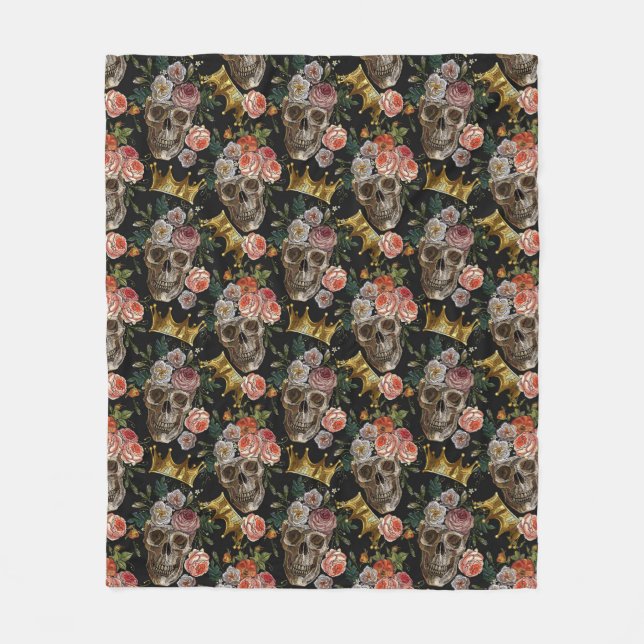 Goldkrone Schädel Rote Rosen Dunkles Gotisches Hal Fleecedecke (Vorderseite)