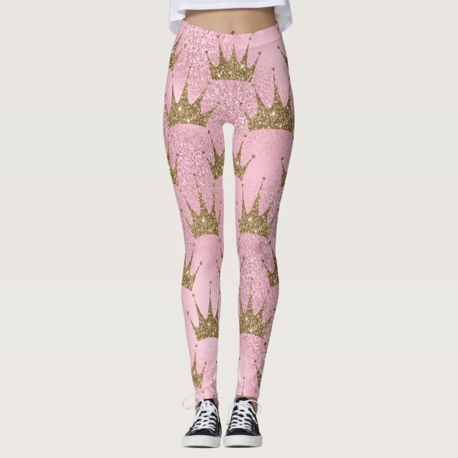 Goldkronen mit rosa Glitzer im Hintergrund Leggings (Vorderseite)
