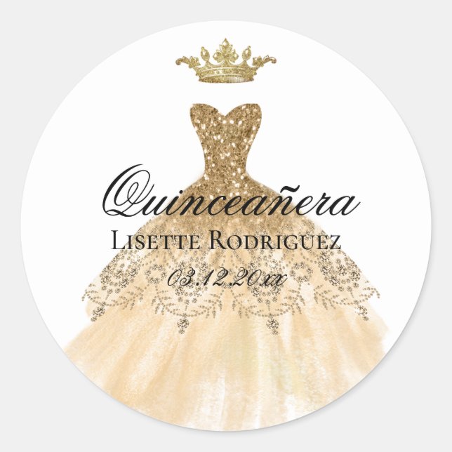 Goldkronen-Prinzesskleid Quinceanera Party Runder Aufkleber (Vorderseite)