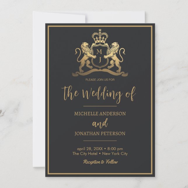 Goldkronenemblem Lions Monogram Wedding Save The Date (Vorderseite)