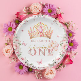 Goldkronenmädchen 1. Geburtstag Rosa Blüte Pappteller