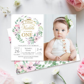 Goldkronenprinzessin Floral Girl 1. Geburtstag Fot Einladung