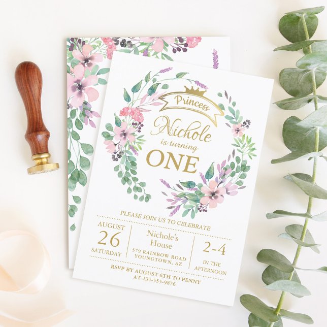 Goldkronprinzessin Floral Girl 1. Geburtstag Einladung (Von Creator hochgeladen)