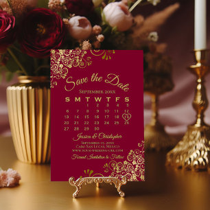 Goldkühlen auf Burgund Eleganter Hochzeitskalender Save The Date