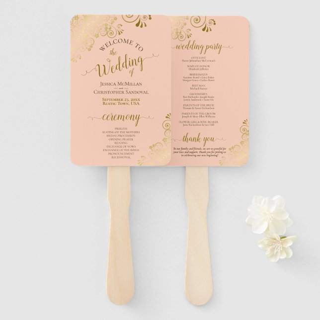 Goldkurven auf Korallenpfirsiche Hochzeitsprogramm Fächer (Vorne und Hinten)