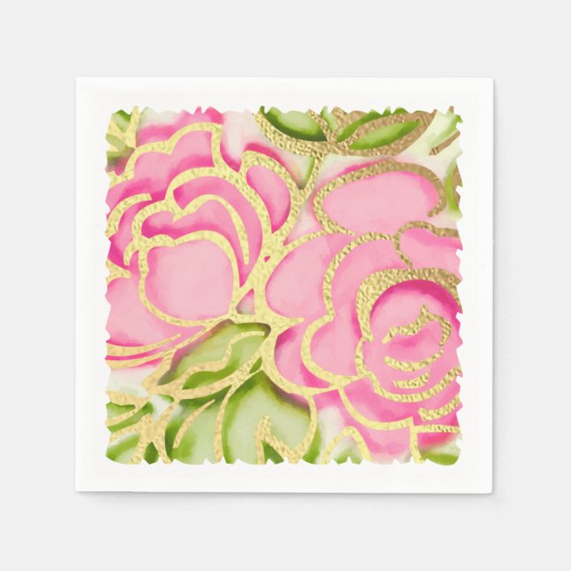 Goldlackierte Aquarellrosa Rosen Serviette (Vorderseite)