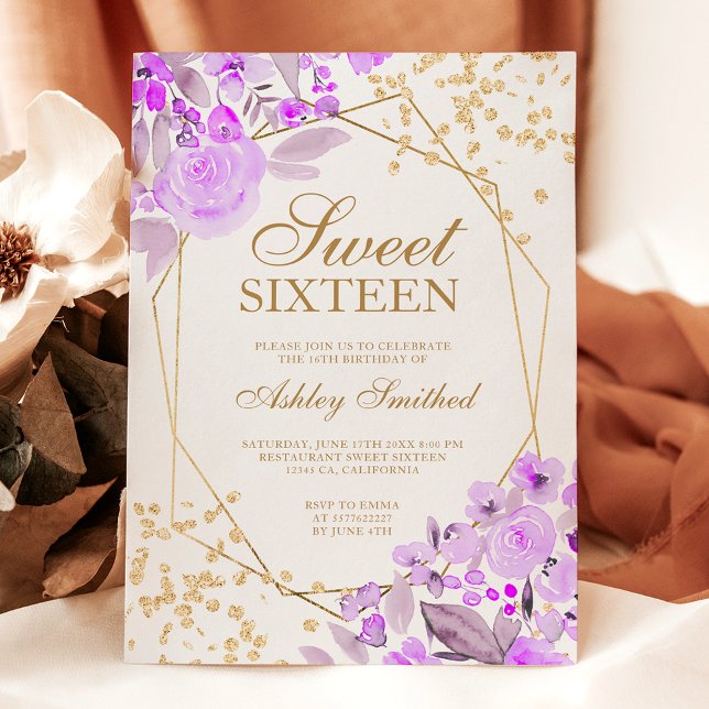 Goldlavender florale Aquarell Sweet 16 Einladung (Gold glitter lavender floral watercolor Sweet 16 Invitation)