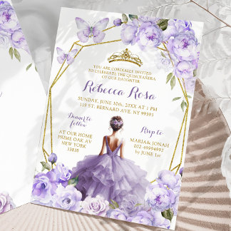 Goldlavender Lila Blumenschmetterling Quinceañera Einladung