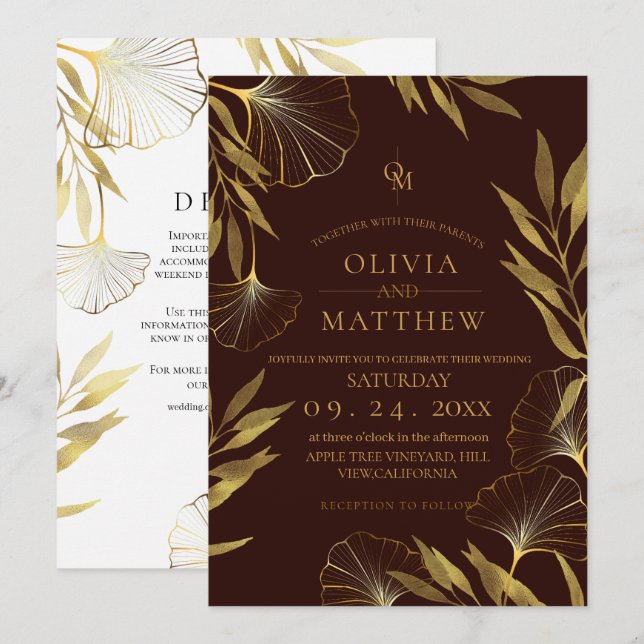 Goldleaf / Braun Einladung zur Hochzeit (Vorne/Hinten)
