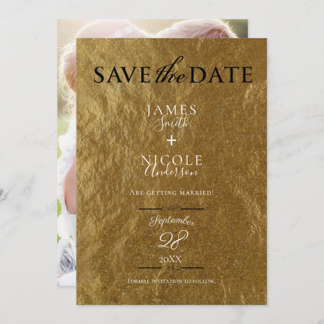 Goldleaf Foil Modern Full Foto Save the Date Einladung (Vorne/Hinten)