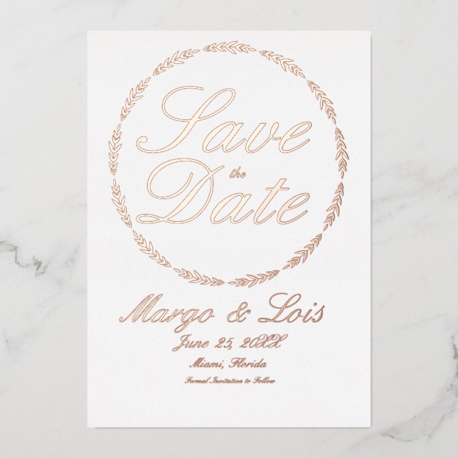 Goldleaf-Kranz Save the Date gepresst Folieneinladung (Vorderseite)