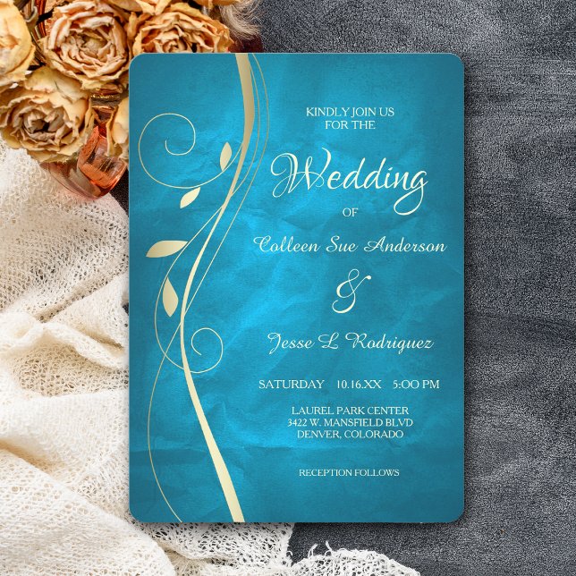 Goldleaf Swirl Aquamarin Blue Wedding Einladung (Von Creator hochgeladen)