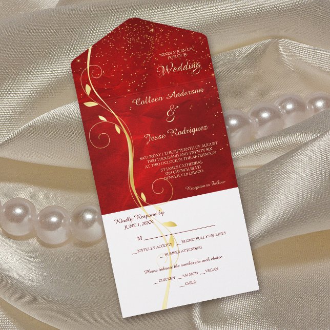 Goldleaf Swirl Dunkelrote Foto-Vorlage Hochzeit All In One Einladung (Von Creator hochgeladen)