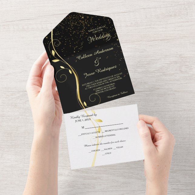 Goldleaf Swirl Schwarze Fotovorlage Hochzeit All In One Einladung (Abreißen)