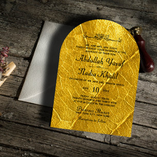 Goldleaf Textured Islamic Arch Wedding Monogram Einladung