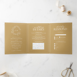 Goldleafy-Wappen-Monogram-Hochzeit Dreifach Gefaltete Einladung