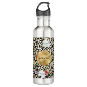 Goldleopard Print Floral personalisiertes Zitat Edelstahlflasche