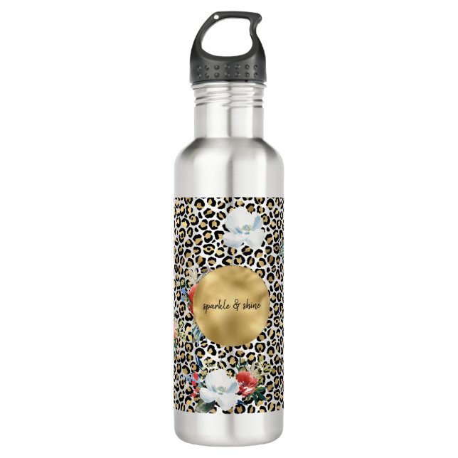 Goldleopard Print Floral personalisiertes Zitat Edelstahlflasche (Vorderseite)