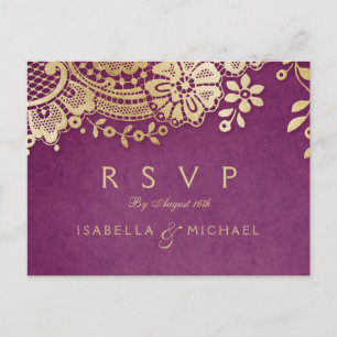 Goldlila elegantes Vintages Spitze-Hochzeit UAWG Einladungspostkarte