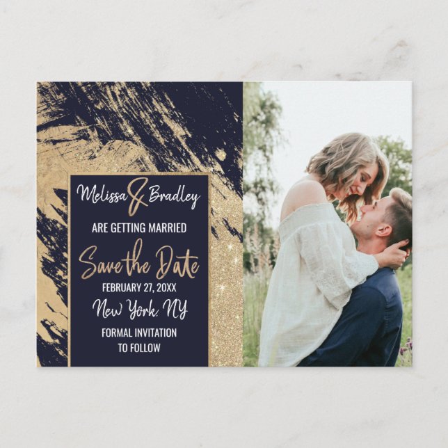 Goldmarine-Blau-GlitzerBrushstrokes Save the Date Ankündigungspostkarte (Vorderseite)
