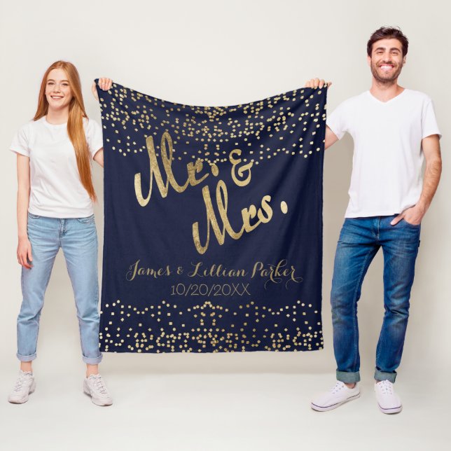 Goldmarine-Blau-Herr und Frau Monogram Wedding Fleecedecke (Beispiel)
