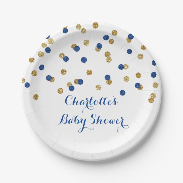 Goldmarine-Blauconfetti-Babyparty-Platte Pappteller (Vorderseite)