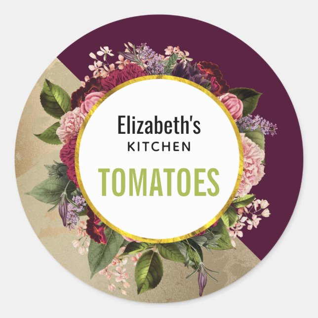 Goldmarmor Muster und Burgund Florals Küche Runder Aufkleber (Vorderseite)