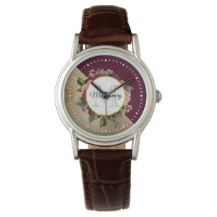 Goldmarmor Muster und Burgund Florals Monogramm Armbanduhr