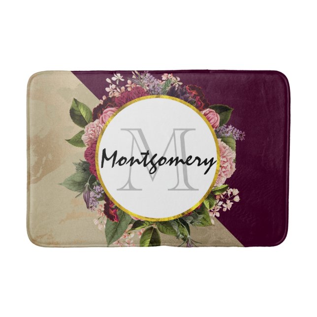 Goldmarmor Muster und Burgund Florals Monogramm Badematte (Vorderseite)