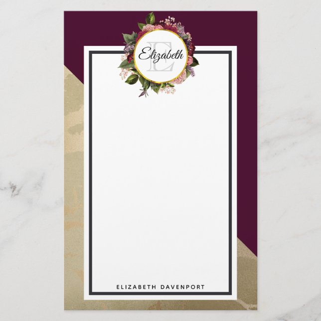 Goldmarmor Muster und Burgund Florals Monogramm Briefpapier (Vorderseite)