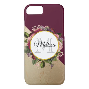 Goldmarmor Muster und Burgund Florals Monogramm Case-Mate iPhone Hülle
