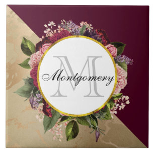 Goldmarmor Muster und Burgund Florals Monogramm Fliese